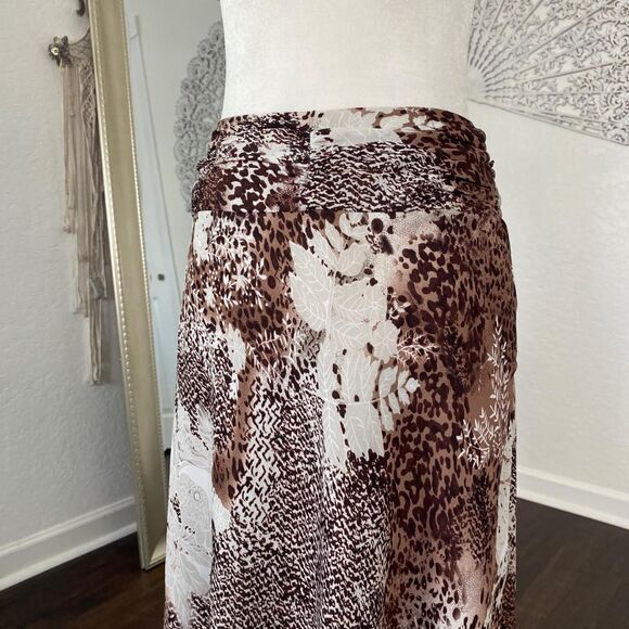 Euro Pinterest Mesh Brown Cream Tan Cheetah Leopard Asymmetric Midi Skirt 6 S - Picture 2 of 8